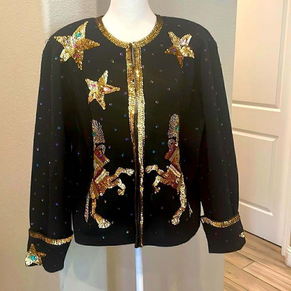 Vintage Outlander Beaded Sequined Circus Pony Wool Blend Cardigan Size Medium